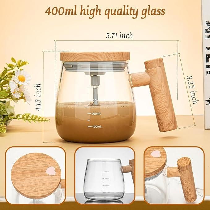 Automatic Self-Stirring Coffee Mixing Cup – 400ml Glass Mug with Built-In Stirrer | Easy Mixing for Coffee, Tea & Beverages (Pack of 1)