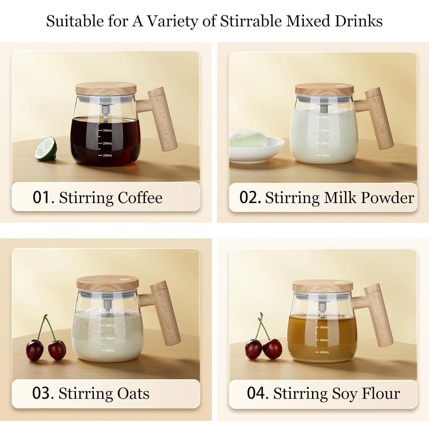 Automatic Self-Stirring Coffee Mixing Cup – 400ml Glass Mug with Built-In Stirrer | Easy Mixing for Coffee, Tea & Beverages (Pack of 1)