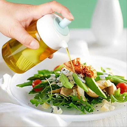 2-in-1 Oil Dispenser Bottle with Silicone Brush – 250ml | Oil Pourer & Condiment Jar for Cooking, Baking, Frying (Multicolor)