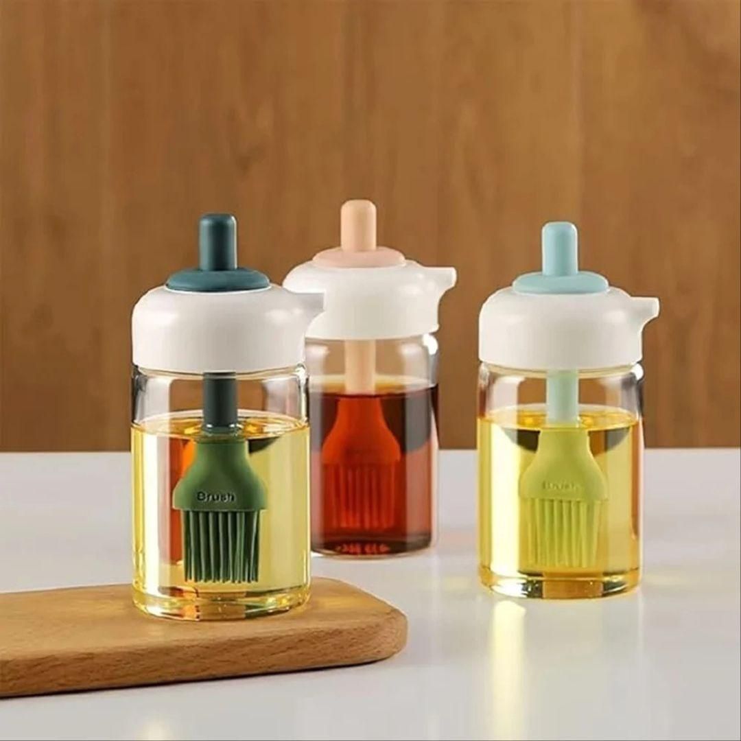 2-in-1 Oil Dispenser Bottle with Silicone Brush – 250ml | Oil Pourer & Condiment Jar for Cooking, Baking, Frying (Multicolor)